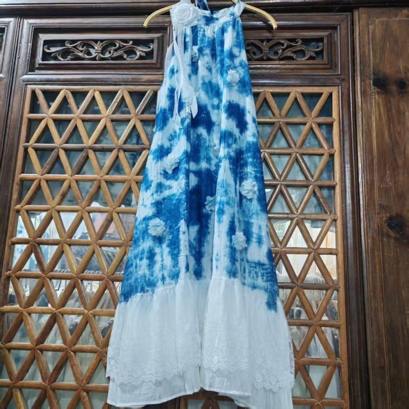 Pamuk haljina s tulipan-tie-dye uzorkom, bez rukava, s naramenicama, dugačka suknja, okrugli izrez, rastlinsko bojanje, vilinski retro stil