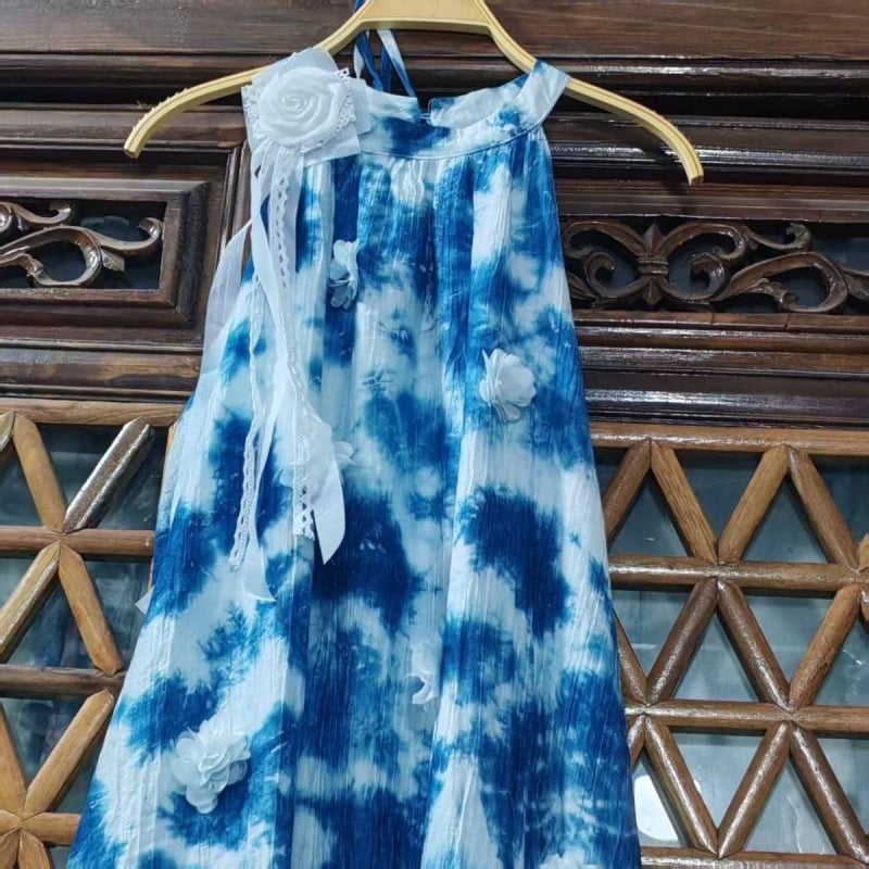 Pamuk haljina s tulipan-tie-dye uzorkom, bez rukava, s naramenicama, dugačka suknja, okrugli izrez, rastlinsko bojanje, vilinski retro stil