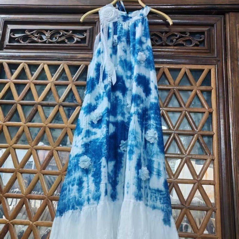 Pamuk haljina s tulipan-tie-dye uzorkom, bez rukava, s naramenicama, dugačka suknja, okrugli izrez, rastlinsko bojanje, vilinski retro stil