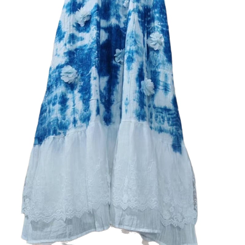 Pamuk haljina s tulipan-tie-dye uzorkom, bez rukava, s naramenicama, dugačka suknja, okrugli izrez, rastlinsko bojanje, vilinski retro stil