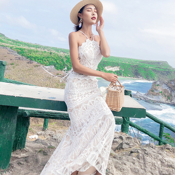 Čipkasta plažna haljina s prorezima, seksi otvorena leđa, halter oko vrata, elegantan stil odmora