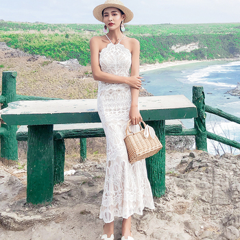 Čipkasta plažna haljina s prorezima, seksi otvorena leđa, halter oko vrata, elegantan stil odmora