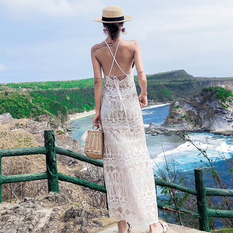 Čipkasta plažna haljina s prorezima, seksi otvorena leđa, halter oko vrata, elegantan stil odmora
