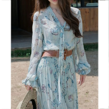 26 proljetno-ljetna haljina od Georgette s cvjetnim uzorkom, naglašena linija struka, dugi rukavi, boho francuski stil