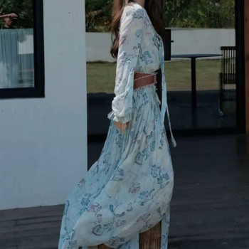 26 proljetno-ljetna haljina od Georgette s cvjetnim uzorkom, naglašena linija struka, dugi rukavi, boho francuski stil