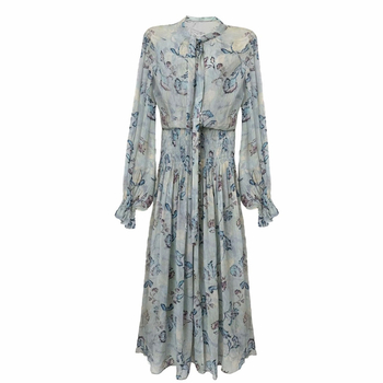 26 proljetno-ljetna haljina od Georgette s cvjetnim uzorkom, naglašena linija struka, dugi rukavi, boho francuski stil