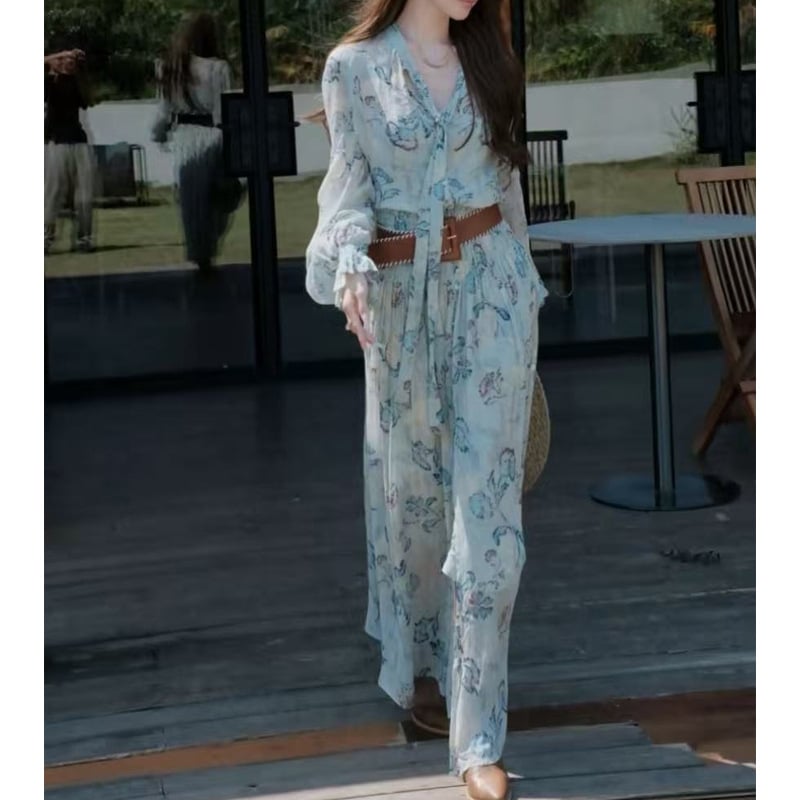 26 proljetno-ljetna haljina od Georgette s cvjetnim uzorkom, naglašena linija struka, dugi rukavi, boho francuski stil
