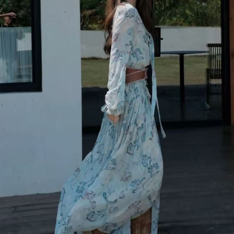26 proljetno-ljetna haljina od Georgette s cvjetnim uzorkom, naglašena linija struka, dugi rukavi, boho francuski stil