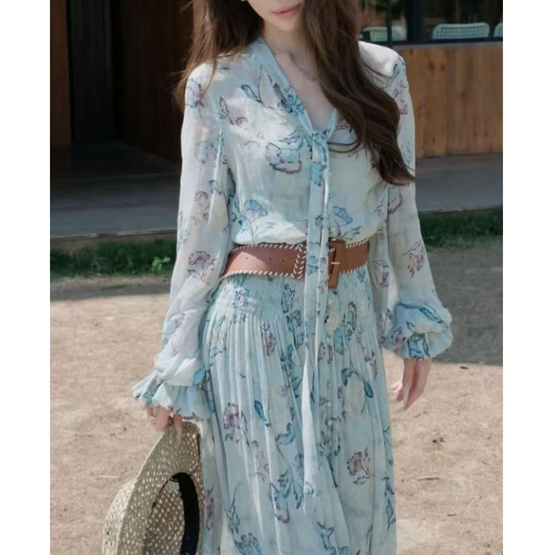 26 proljetno-ljetna haljina od Georgette s cvjetnim uzorkom, naglašena linija struka, dugi rukavi, boho francuski stil