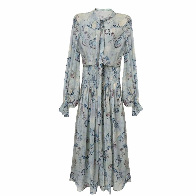 26 proljetno-ljetna haljina od Georgette s cvjetnim uzorkom, naglašena linija struka, dugi rukavi, boho francuski stil