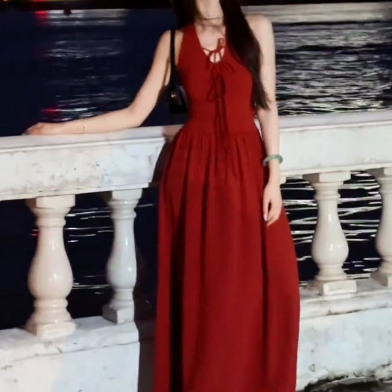 Κόκκινο φόρεμα χωρίς πλάτη με τιράντες, στυλ γαλλικού θερέτρου, μακρύ εφαρμοστό φόρεμα για άνοιξη-καλοκαίρι
