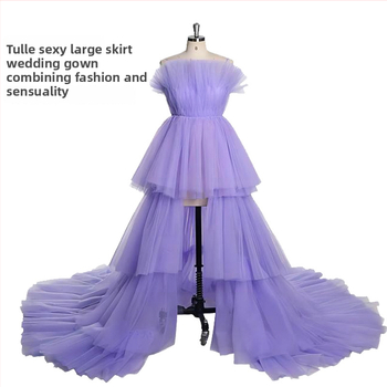 Vlastné tenké sieťové šaty s veľkým lemom, bez ramien, sladký tortový štýl, dlhé šaty na fotenie v štúdiu