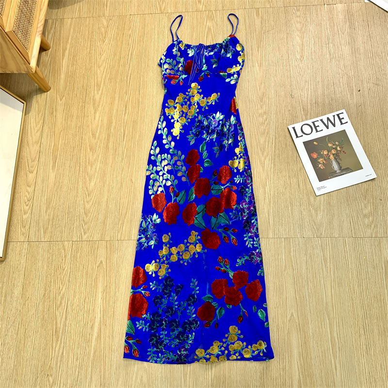 Μπλε βελούδινο φόρεμα με floral burnout, διάτρητο σχέδιο, ανοιχτή πλάτη, λεπτές τιράντες, ρετρό στυλ Χονγκ Κονγκ