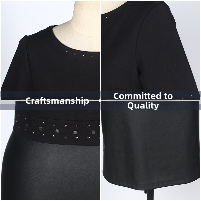 Γυναικείο φόρεμα από μαύρο PU δέρμα με πάνελ, στρογγυλό λαιμό, κομψή στενή γραμμή, καλοκαίρι