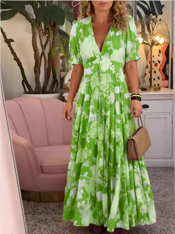 2026 Νέα Plus-Size maxi φόρεμα με V-λαιμό και φλοράλ, για παραθαλάσσιες διακοπές, άνετη γραμμή