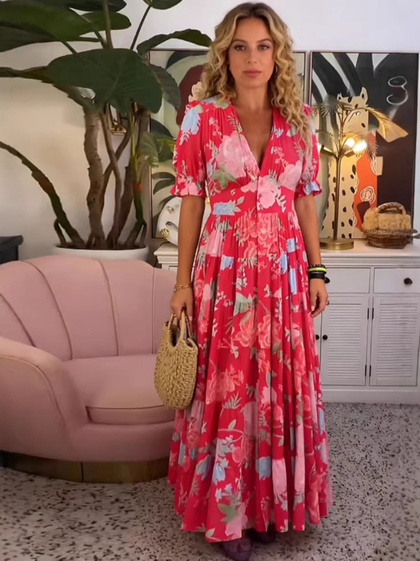 2026 Νέα Plus-Size maxi φόρεμα με V-λαιμό και φλοράλ, για παραθαλάσσιες διακοπές, άνετη γραμμή