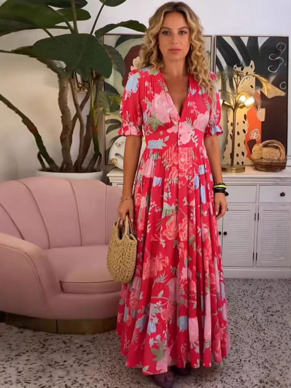 2026 Νέα Plus-Size maxi φόρεμα με V-λαιμό και φλοράλ, για παραθαλάσσιες διακοπές, άνετη γραμμή