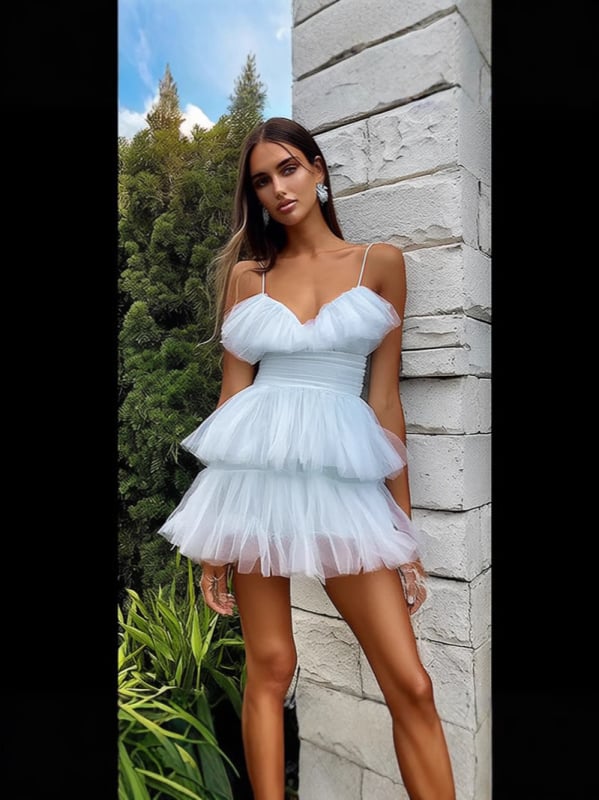 Φόρεμα chiffon με τιράντες, κομψό βραδινό φόρεμα με φούστα σε στυλ cake για το καλοκαίρι