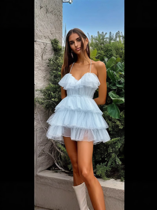 Φόρεμα chiffon με τιράντες, κομψό βραδινό φόρεμα με φούστα σε στυλ cake για το καλοκαίρι