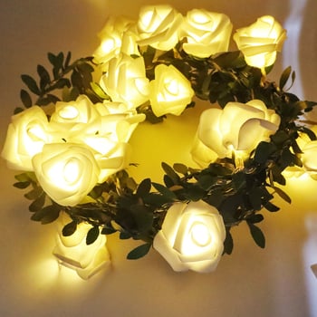 LED φωτεινή αλυσίδα με πράσινα φύλλα και τριαντάφυλλα, Χριστουγεννιάτικη DIY γιρλάντα, θήκη μπαταρίας, USB και ηλιακή ενέργεια