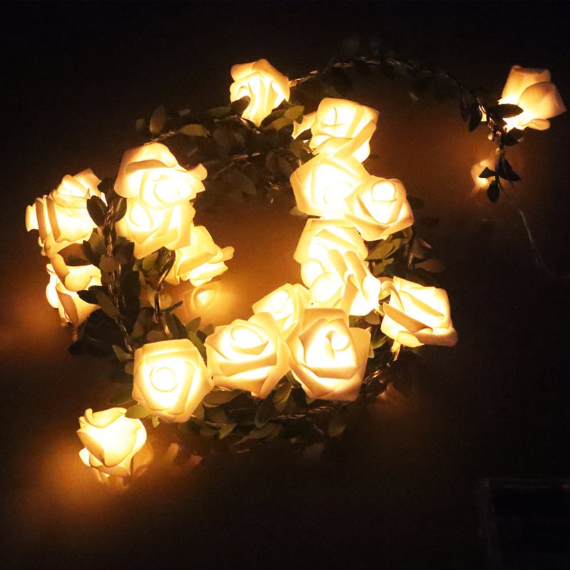 LED φωτεινή αλυσίδα με πράσινα φύλλα και τριαντάφυλλα, Χριστουγεννιάτικη DIY γιρλάντα, θήκη μπαταρίας, USB και ηλιακή ενέργεια