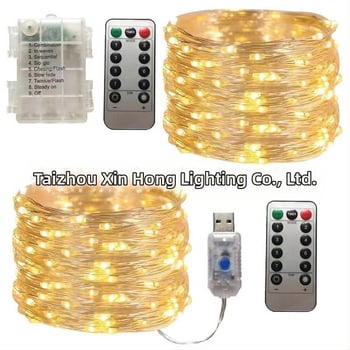 Diaľkové ovládanie, 8 funkcií, vodotesný LED reťaz z meďových drôtov, 10 m, 100 LED, batériová skrinka, USB meďová šnúra