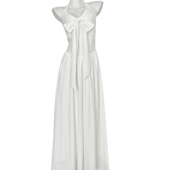 Γυναικείο λευκό maxi φόρεμα με halter neck, χωρίς μανίκια, γαλλικού στυλ κομψότητας, καλοκαίρι-φθινόπωρο