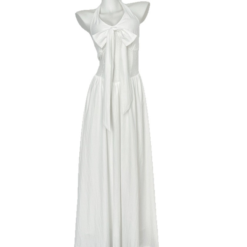 Γυναικείο λευκό maxi φόρεμα με halter neck, χωρίς μανίκια, γαλλικού στυλ κομψότητας, καλοκαίρι-φθινόπωρο