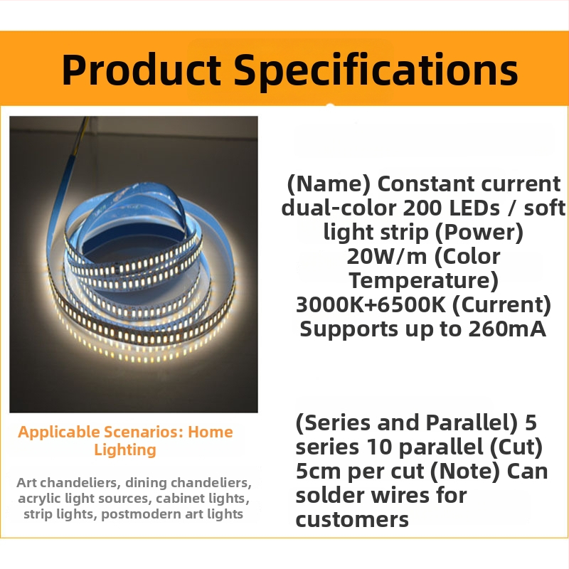 LED pásik pre domáce osvetlenie 2835, dvojfarebná teplota, konštantný prúd, 200 LED, flexibilný, vysoký jas, stmievateľný