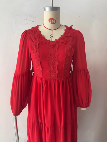 Ρετρό δαντελένιο φόρεμα chiffon με V-λαιμό, φουσκωτά μανίκια και στρωτή φούστα, μποέμικο στυλ διακοπών