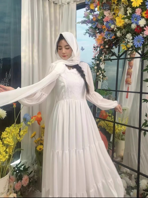 Ρετρό δαντελένιο φόρεμα chiffon με V-λαιμό, φουσκωτά μανίκια και στρωτή φούστα, μποέμικο στυλ διακοπών
