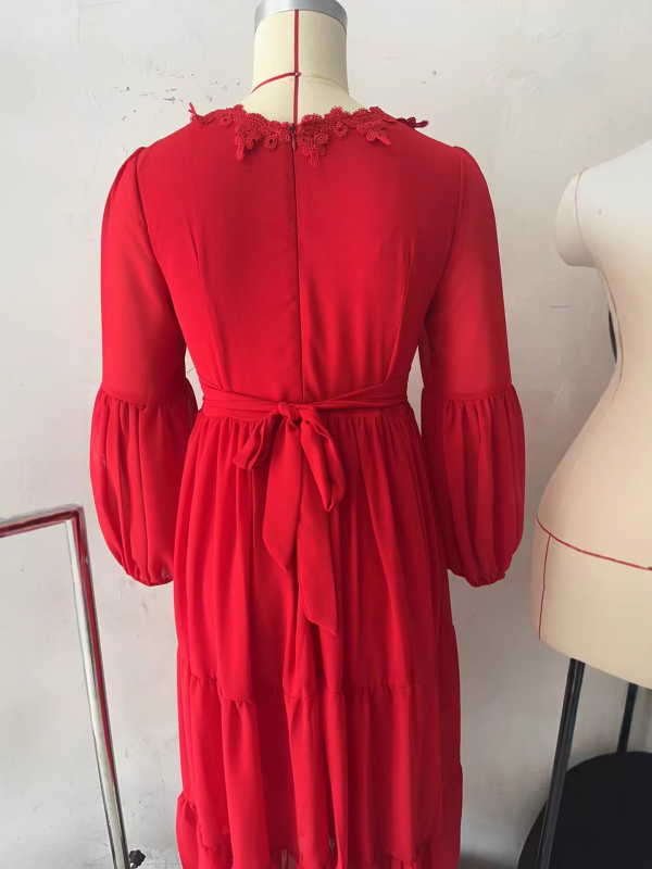 Ρετρό δαντελένιο φόρεμα chiffon με V-λαιμό, φουσκωτά μανίκια και στρωτή φούστα, μποέμικο στυλ διακοπών