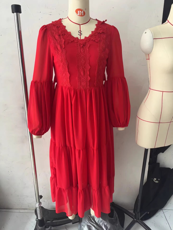Ρετρό δαντελένιο φόρεμα chiffon με V-λαιμό, φουσκωτά μανίκια και στρωτή φούστα, μποέμικο στυλ διακοπών