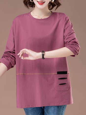 Γυναικείο μακρυμάνικο T‑shirt από 100% βαμβάκι, σε plus size, χαλαρή γραμμή, κατάλληλο για άνοιξη και φθινόπωρο