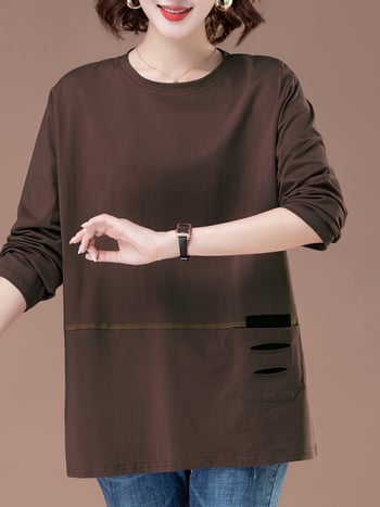 Γυναικείο μακρυμάνικο T‑shirt από 100% βαμβάκι, σε plus size, χαλαρή γραμμή, κατάλληλο για άνοιξη και φθινόπωρο