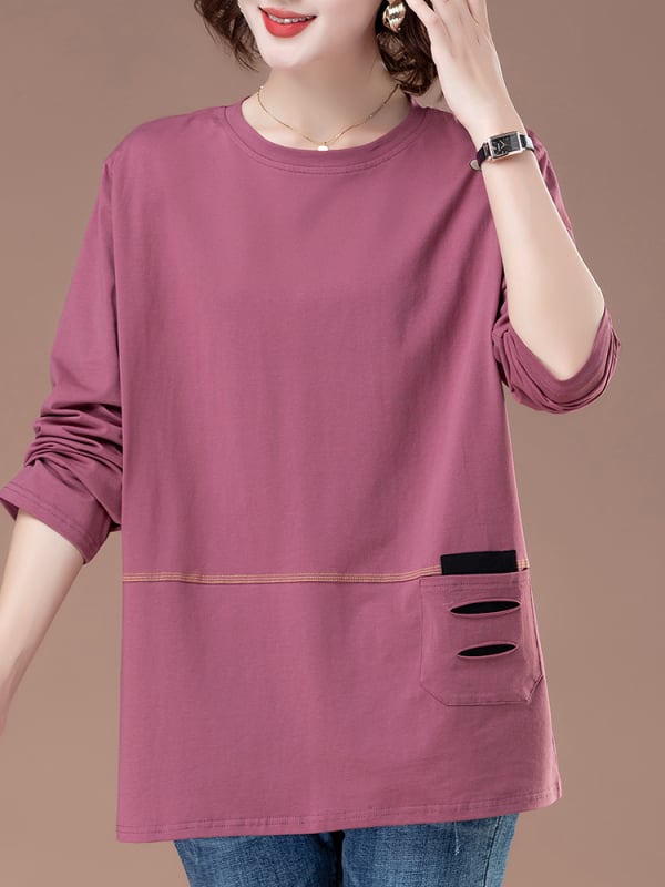 Γυναικείο μακρυμάνικο T‑shirt από 100% βαμβάκι, σε plus size, χαλαρή γραμμή, κατάλληλο για άνοιξη και φθινόπωρο