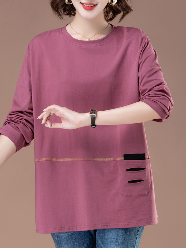 Γυναικείο μακρυμάνικο T‑shirt από 100% βαμβάκι, σε plus size, χαλαρή γραμμή, κατάλληλο για άνοιξη και φθινόπωρο