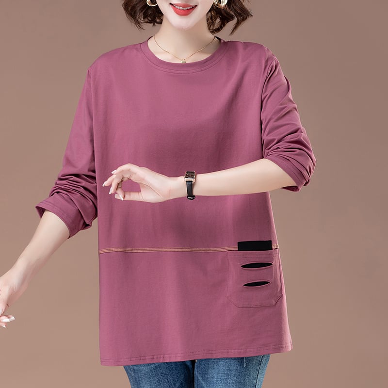 Γυναικείο μακρυμάνικο T‑shirt από 100% βαμβάκι, σε plus size, χαλαρή γραμμή, κατάλληλο για άνοιξη και φθινόπωρο