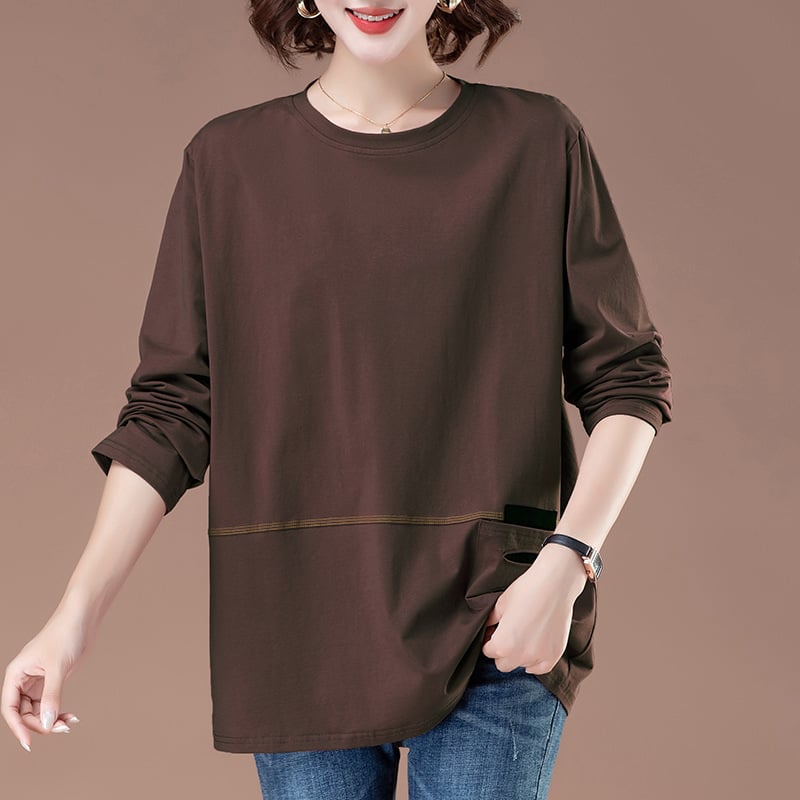 Γυναικείο μακρυμάνικο T‑shirt από 100% βαμβάκι, σε plus size, χαλαρή γραμμή, κατάλληλο για άνοιξη και φθινόπωρο