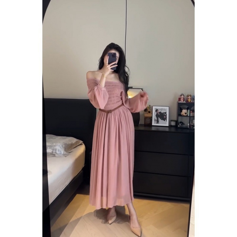 Ροζ φόρεμα από chiffon με puff μανίκια, midi μήκος, εμπνευσμένο από Zhao Lusi, κατά παραγγελία