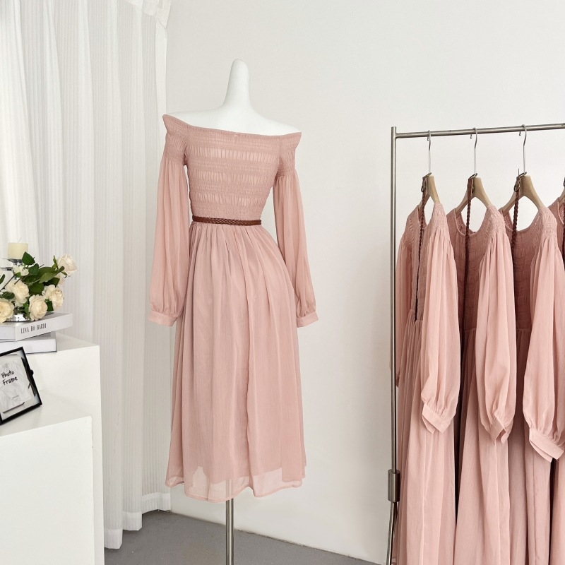 Ροζ φόρεμα από chiffon με puff μανίκια, midi μήκος, εμπνευσμένο από Zhao Lusi, κατά παραγγελία