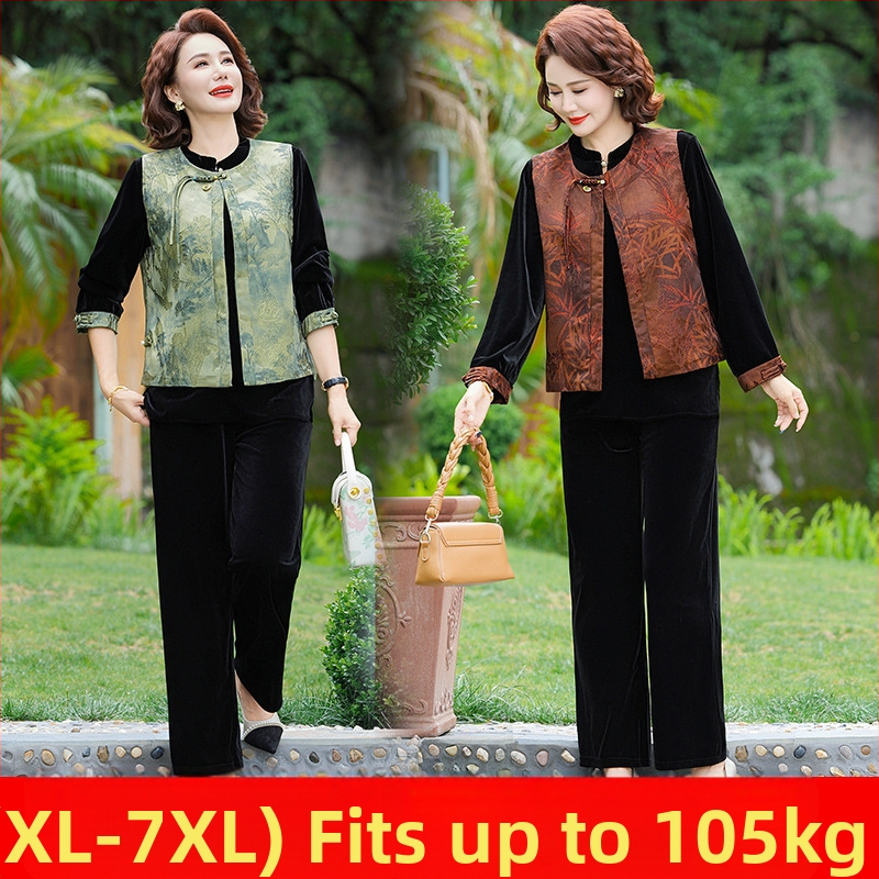 Plus-size trojdielny set pre ženy stredného a vyššieho veku na jar a jeseň: cardigan, vesta a cropped nohavice