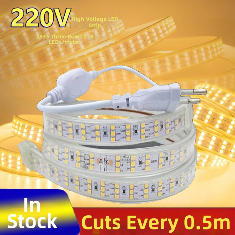 220V vonkajšia LED páska, ultrajasná 2835 SMD, tri rady, 276 LED na meter, pre domovú výzdobu, osvetlenie stropu obývačky, mäkké svetlo