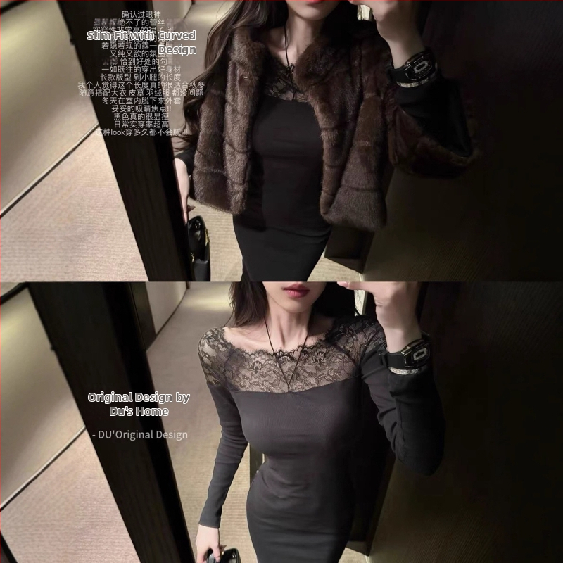Nightfall Rose čipkované pletené bodycon šaty pre ženy, dlhé zimné šaty, zvýrazňujúce postavu