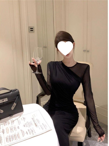 Μαύρο σέξι κομψό mesh πλεκτό φόρεμα για γυναίκες, με σμιλευμένη μέση, μακριά μανίκια, εφαρμοστό στα γοφούς, μακρύ φόρεμα φθινοπωρινό-χειμερινό