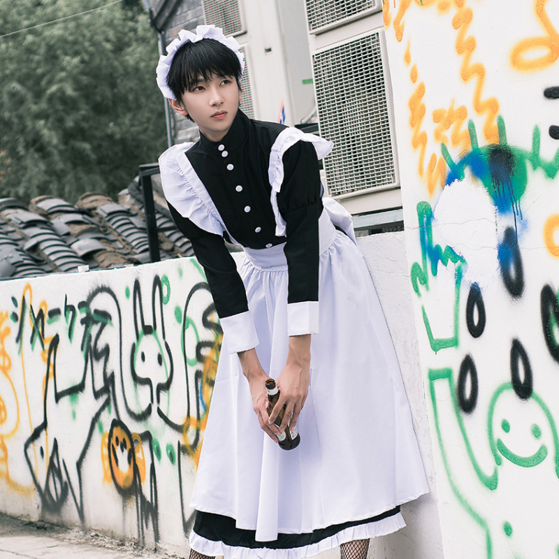 Čierny kostým služobníčky pre mužov, cosplay, roztomilé japonské Lolita šaty, anime kostým upratovačky