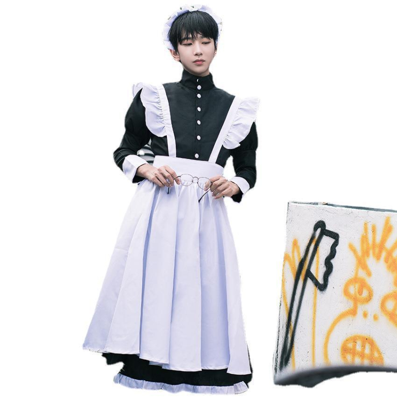 Čierny kostým služobníčky pre mužov, cosplay, roztomilé japonské Lolita šaty, anime kostým upratovačky