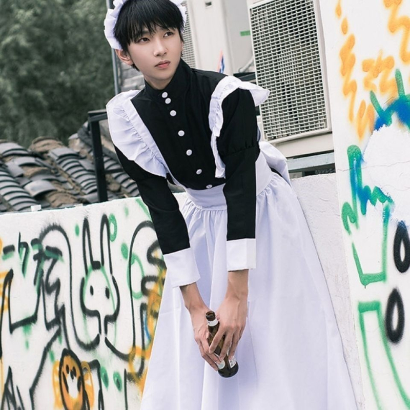 Čierny kostým služobníčky pre mužov, cosplay, roztomilé japonské Lolita šaty, anime kostým upratovačky