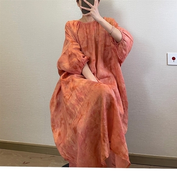 2025 Χειμερινό φόρεμα από σουέντ πολυεστέρα, street style, μανίκια φανάρι, Α-γραμμή, μακρύ, στρογγυλή λαιμόκοψη, καλλιτεχνικό ρετρό