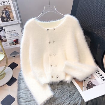 Γυναικεία πλεκτή ζακέτα από Mink Velvet, κοντής γραμμής, διπλό κουμπί, στρογγυλός λαιμός, Chanel έμπνευση, φθινοπωρινές-χειμερινές 2025